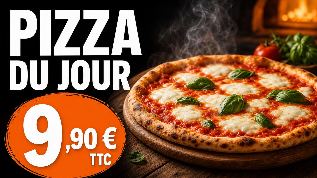 Exemple d'affiche pour écran : Pizzeria · pizza du jour à 9,90 €