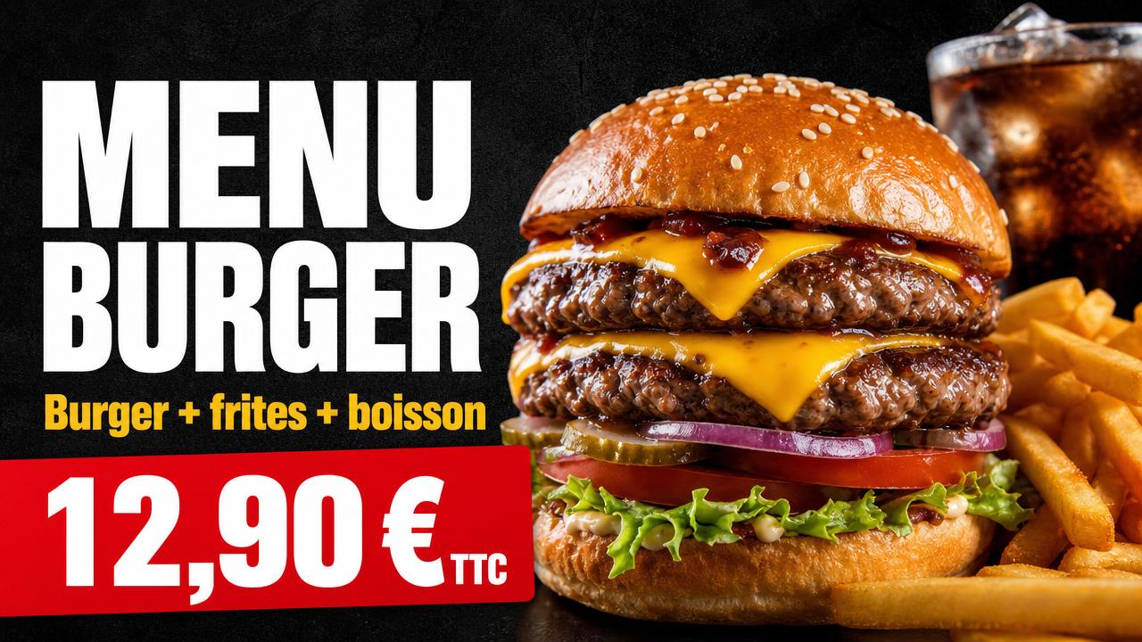 Exemple d'affiche pour écran : Burger · menu complet à 12,90 €