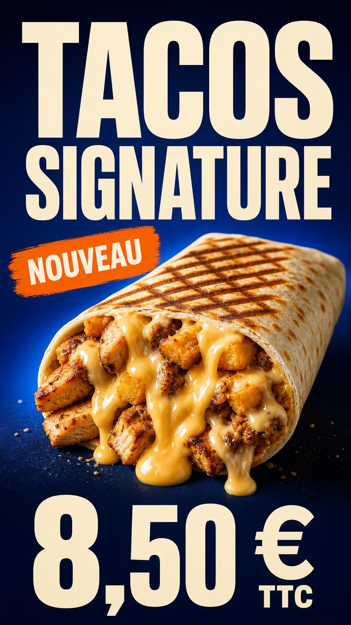 Exemple d'affiche pour écran : Snack · tacos signature à 8,50 €