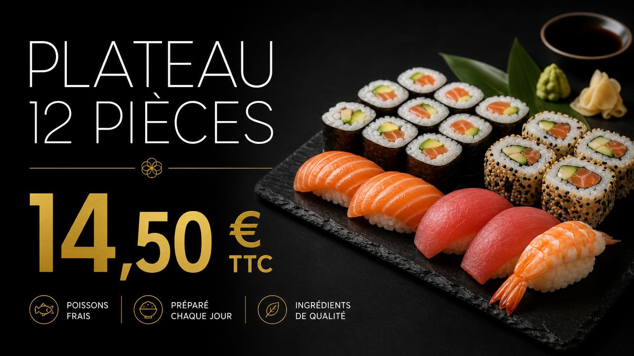 Exemple d'affiche pour écran : Japonais · plateau 12 pièces à 14,50 €