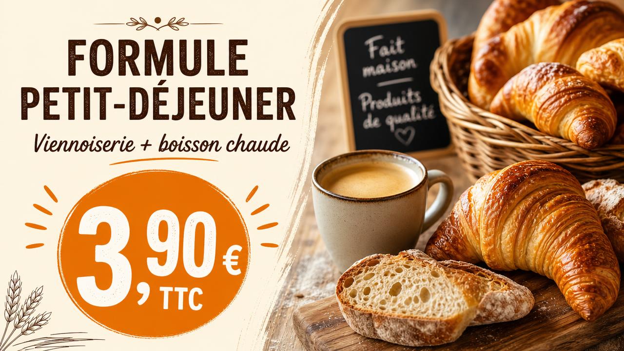 Exemple d'affiche pour écran : Boulangerie · formule petit-déjeuner 3,90 €