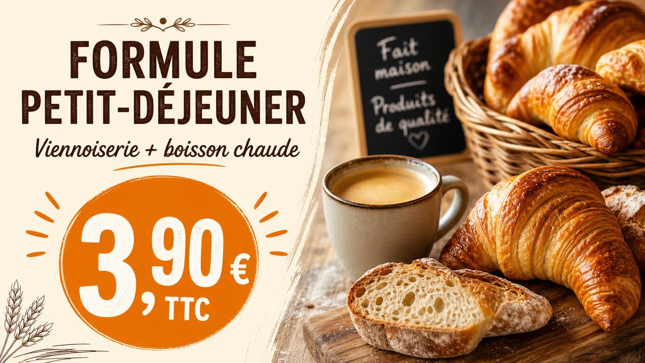 Exemple d'affiche pour écran : Boulangerie · formule petit-déjeuner 3,90 €