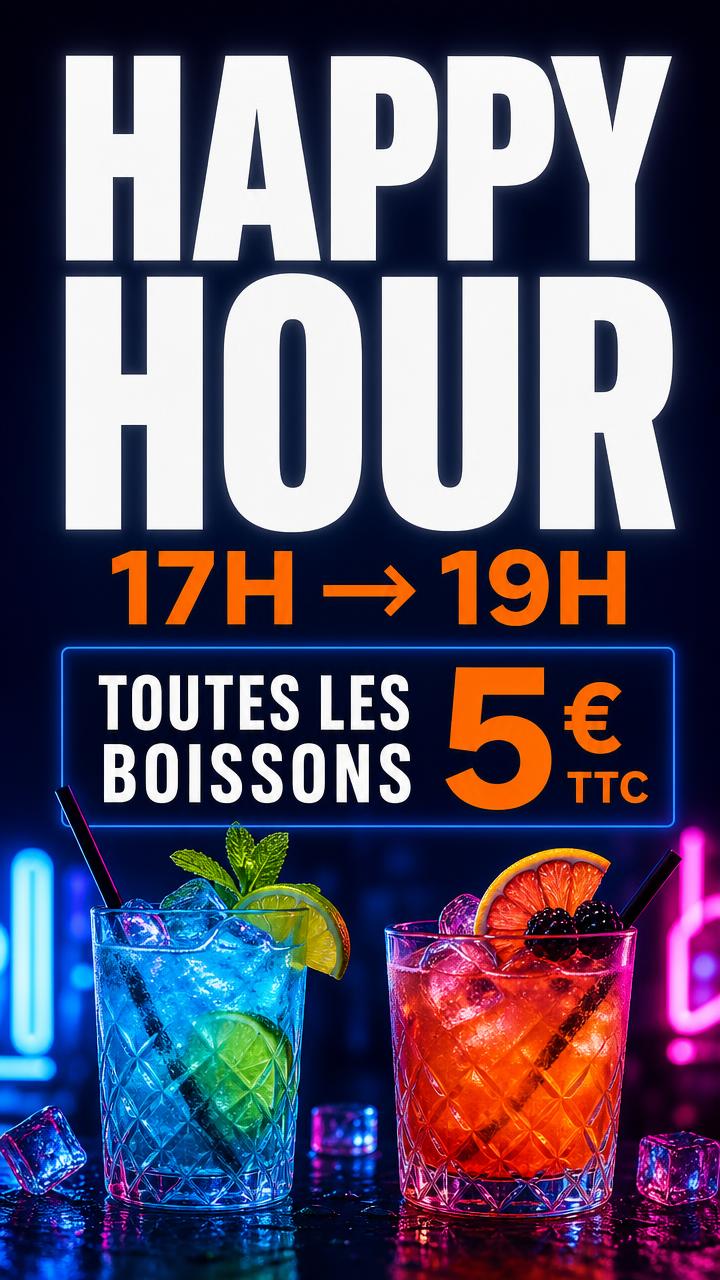 Exemple d'affiche pour écran : Bar à cocktails · happy hour à 5 €