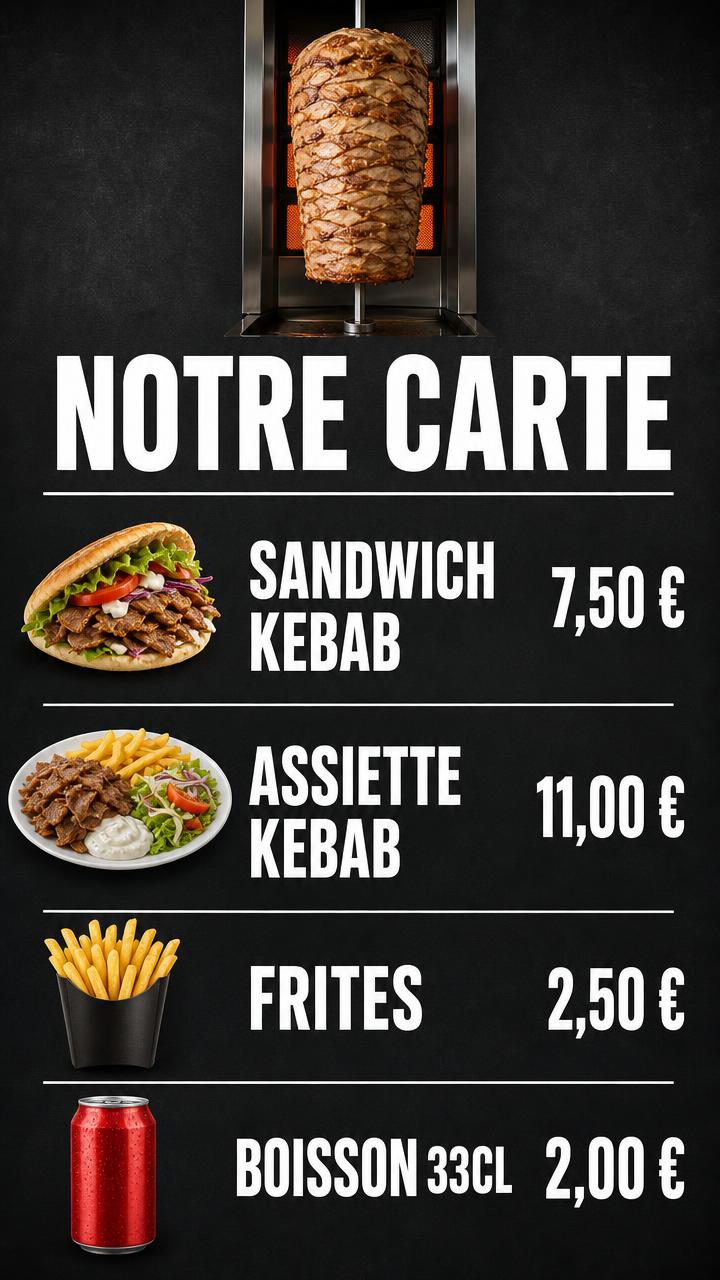 Exemple d'affiche pour écran : Kebab grill · carte et prix