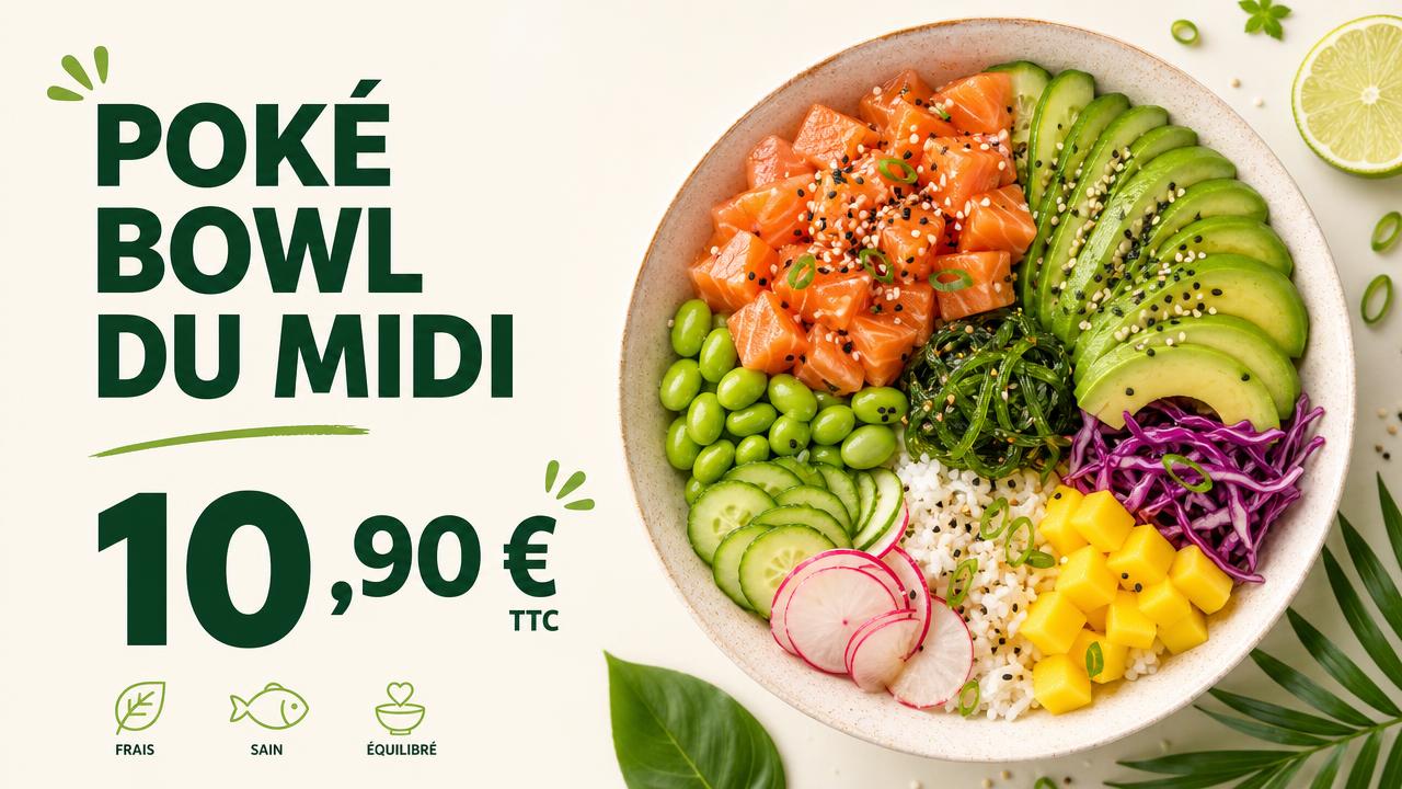 Exemple d'affiche pour écran : Poké bowl · poké du midi à 10,90 €