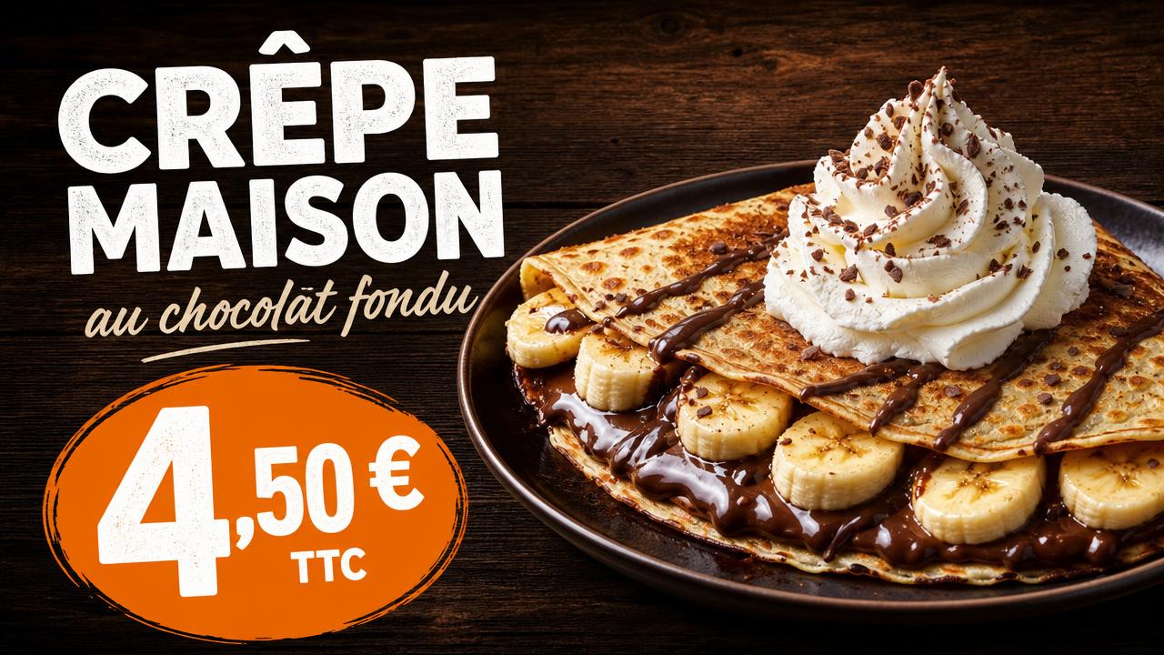 Exemple d'affiche pour écran : Crêperie · crêpe maison à 4,50 €