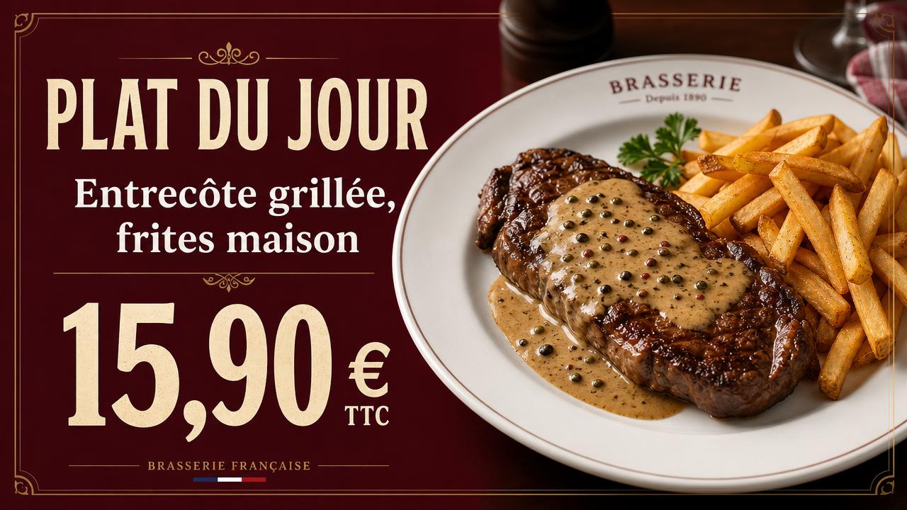 Exemple d'affiche pour écran : Brasserie · plat du jour à 15,90 €