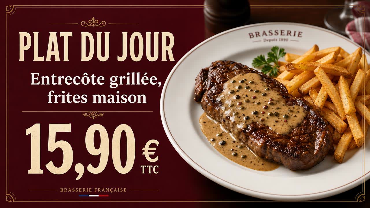 Exemple d'affiche pour écran : Brasserie · plat du jour à 15,90 €