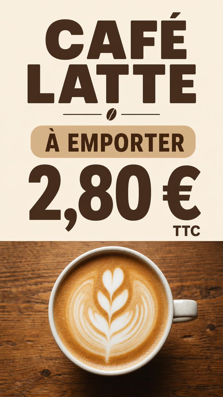 Exemple d'affiche pour écran : Coffee shop · café latte à 2,80 €