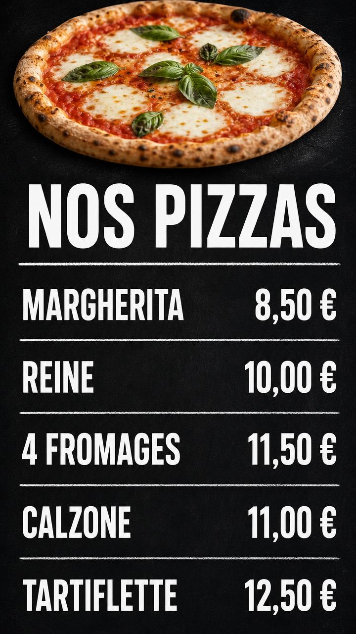 Exemple d'affiche pour écran : Pizzeria · menu des pizzas