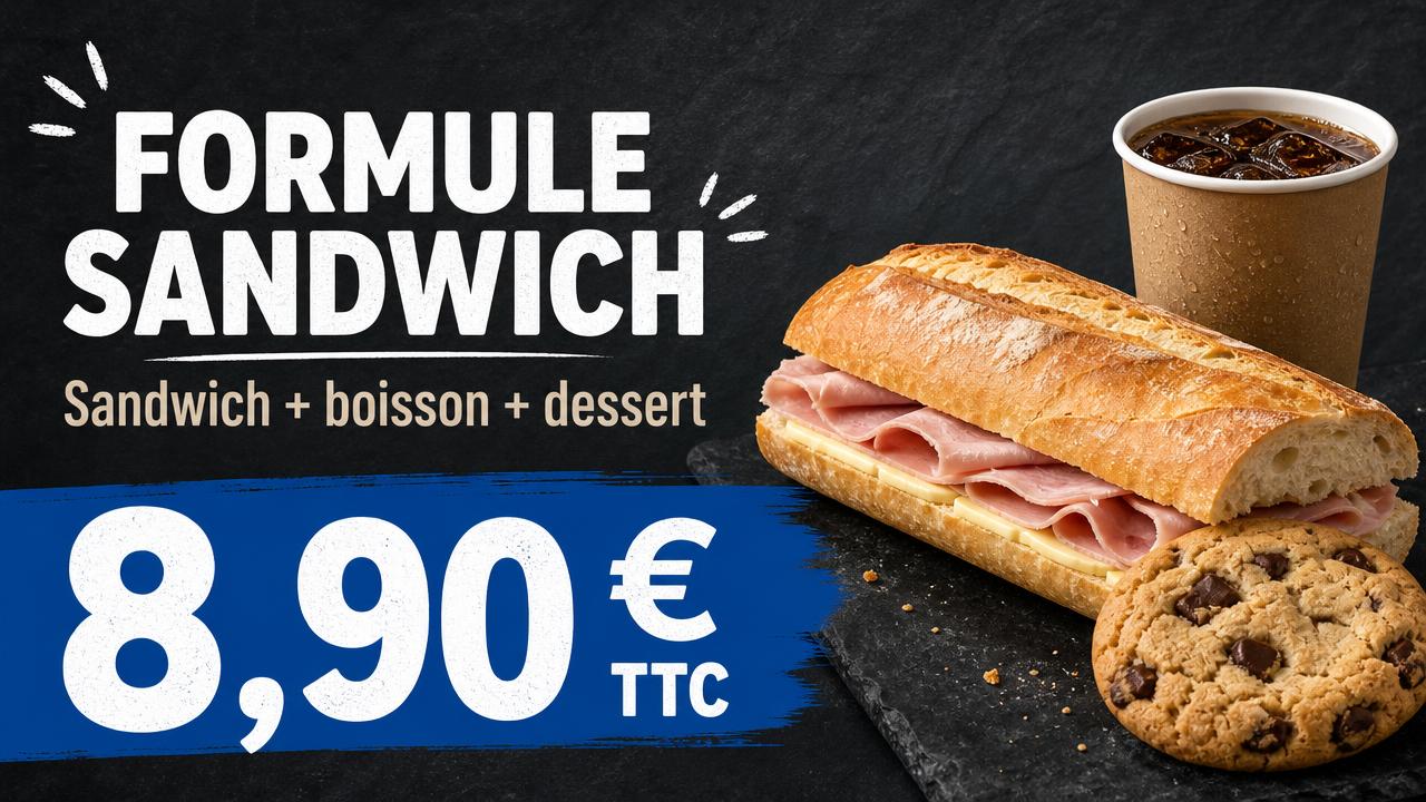 Exemple d'affiche pour écran : Sandwicherie · formule sandwich 8,90 €