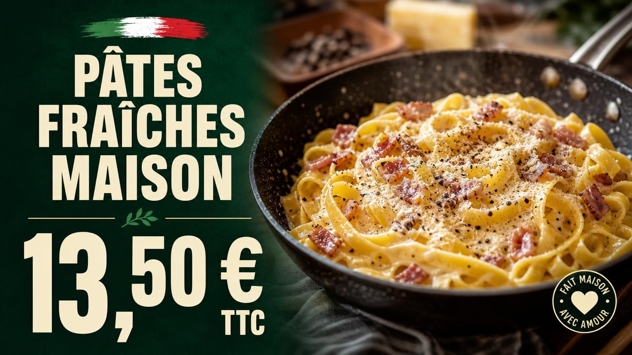 Exemple d'affiche pour écran : Italien · pâtes fraîches à 13,50 €