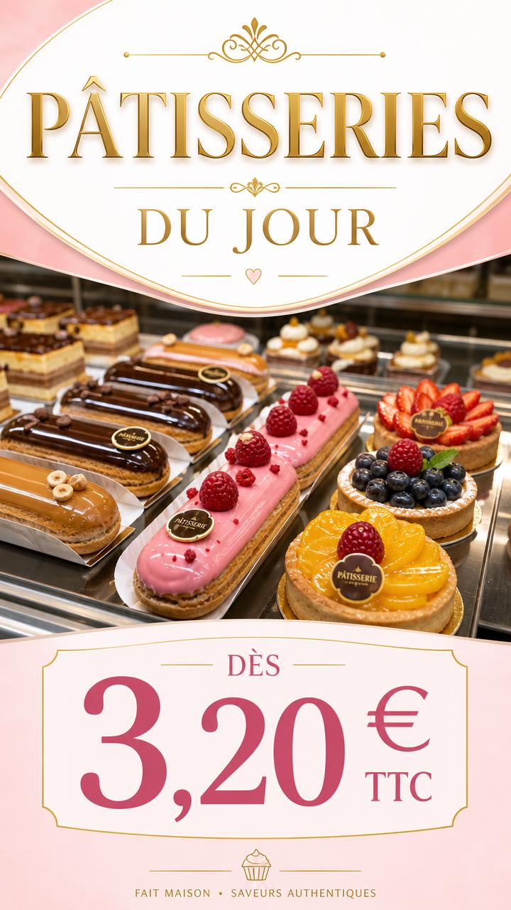 Exemple d'affiche pour écran : Pâtisserie · pâtisseries du jour dès 3,20 €