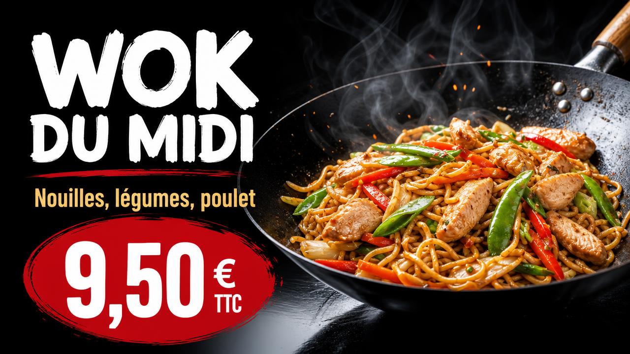 Exemple d'affiche pour écran : Wok asiatique · wok du midi à 9,50 €