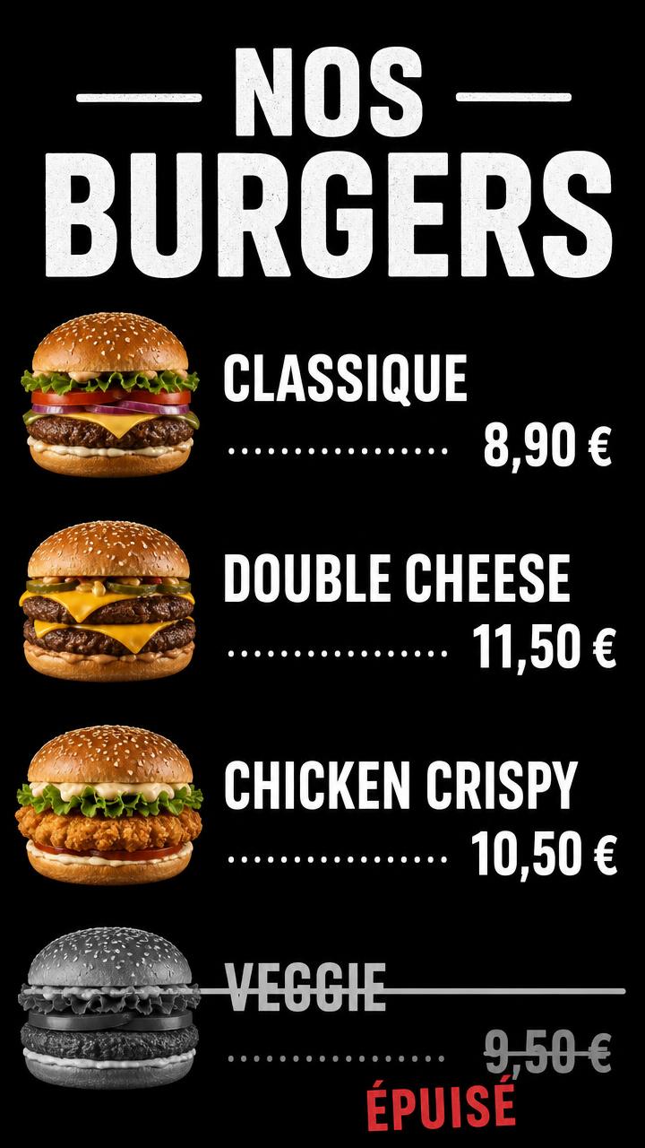 Exemple d'affiche pour écran : Menu board burger · rupture signalée