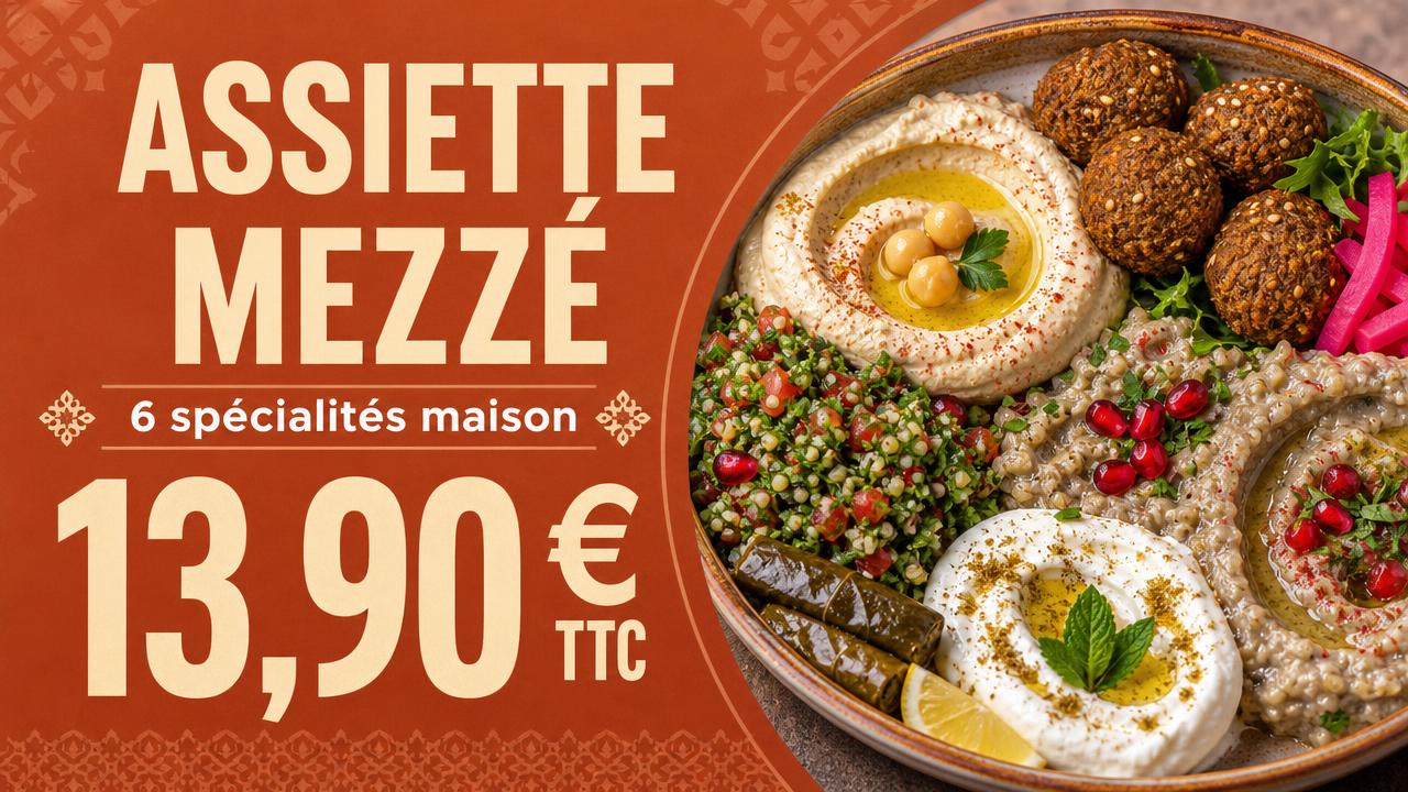 Exemple d'affiche pour écran : Libanais · assiette mezzé à 13,90 €
