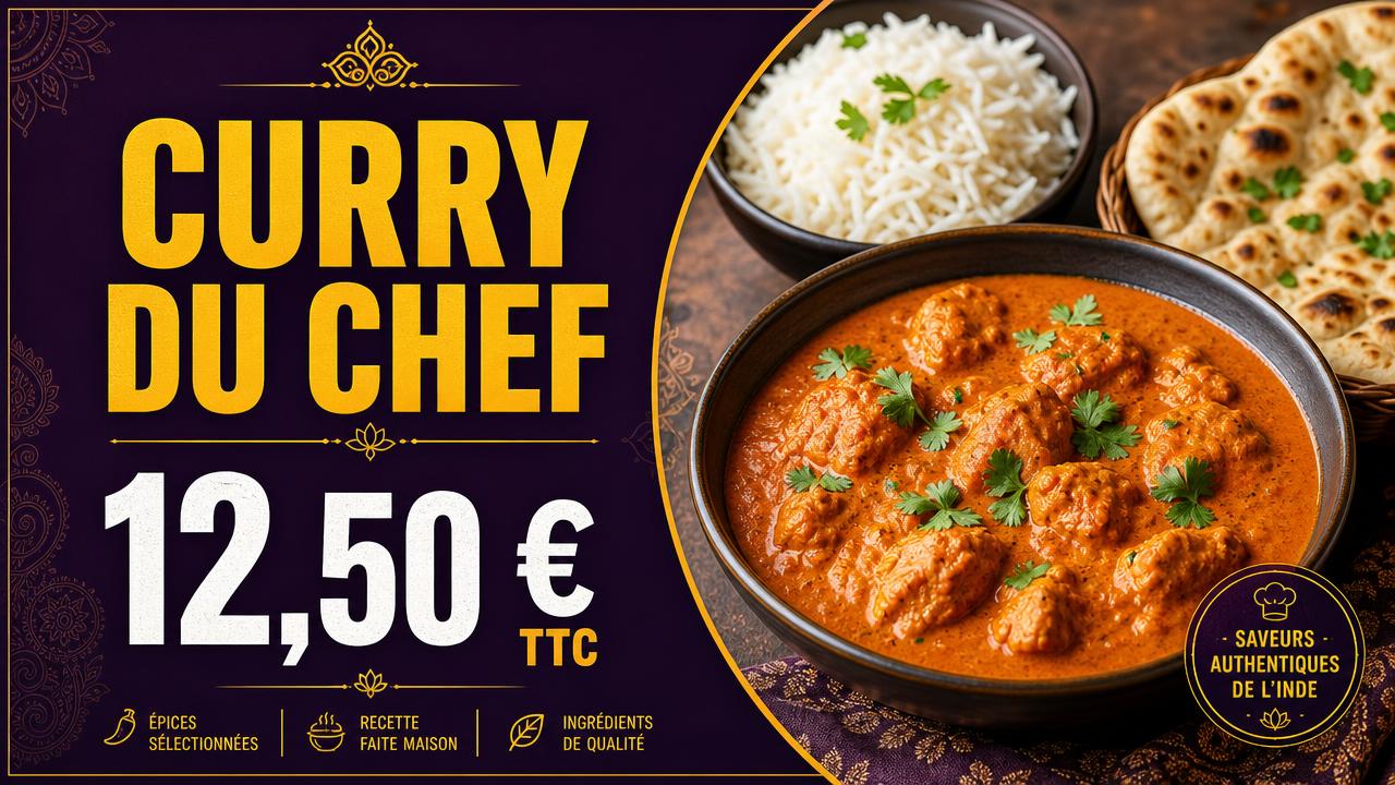 Exemple d'affiche pour écran : Indien · curry du chef à 12,50 €