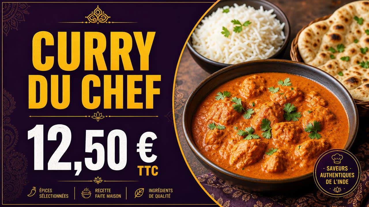 Exemple d'affiche pour écran : Indien · curry du chef à 12,50 €