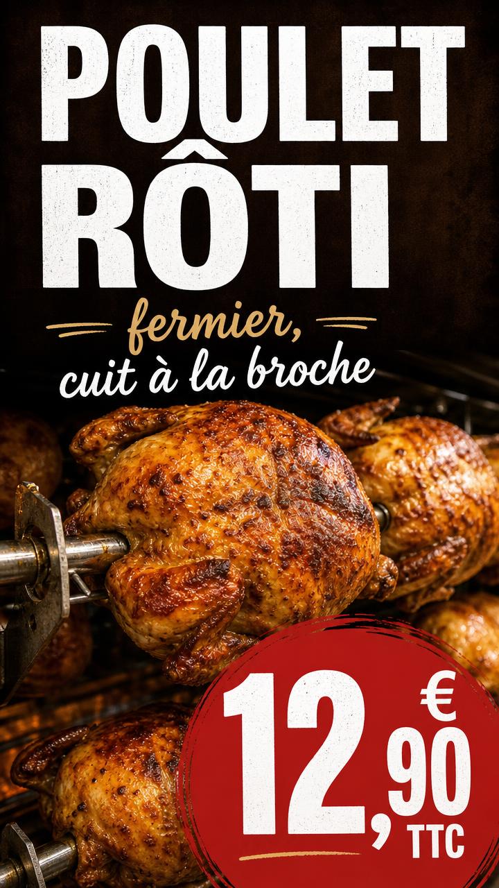 Exemple d'affiche pour écran : Rôtisserie · poulet rôti à 12,90 €