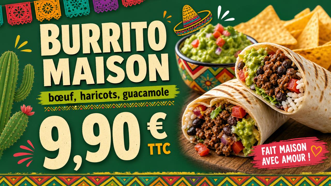 Exemple d'affiche pour écran : Mexicain · burrito maison à 9,90 €