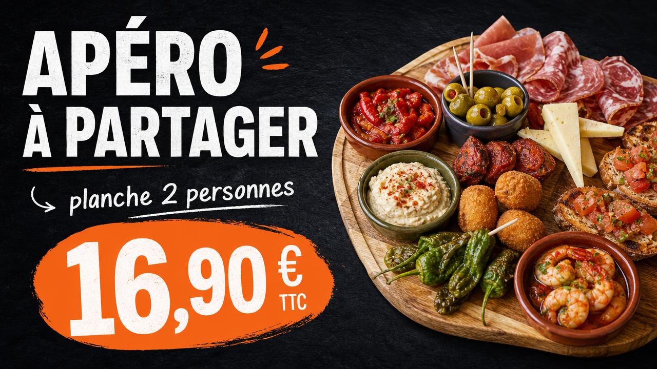 Exemple d'affiche pour écran : Food court · apéro à partager 16,90 €