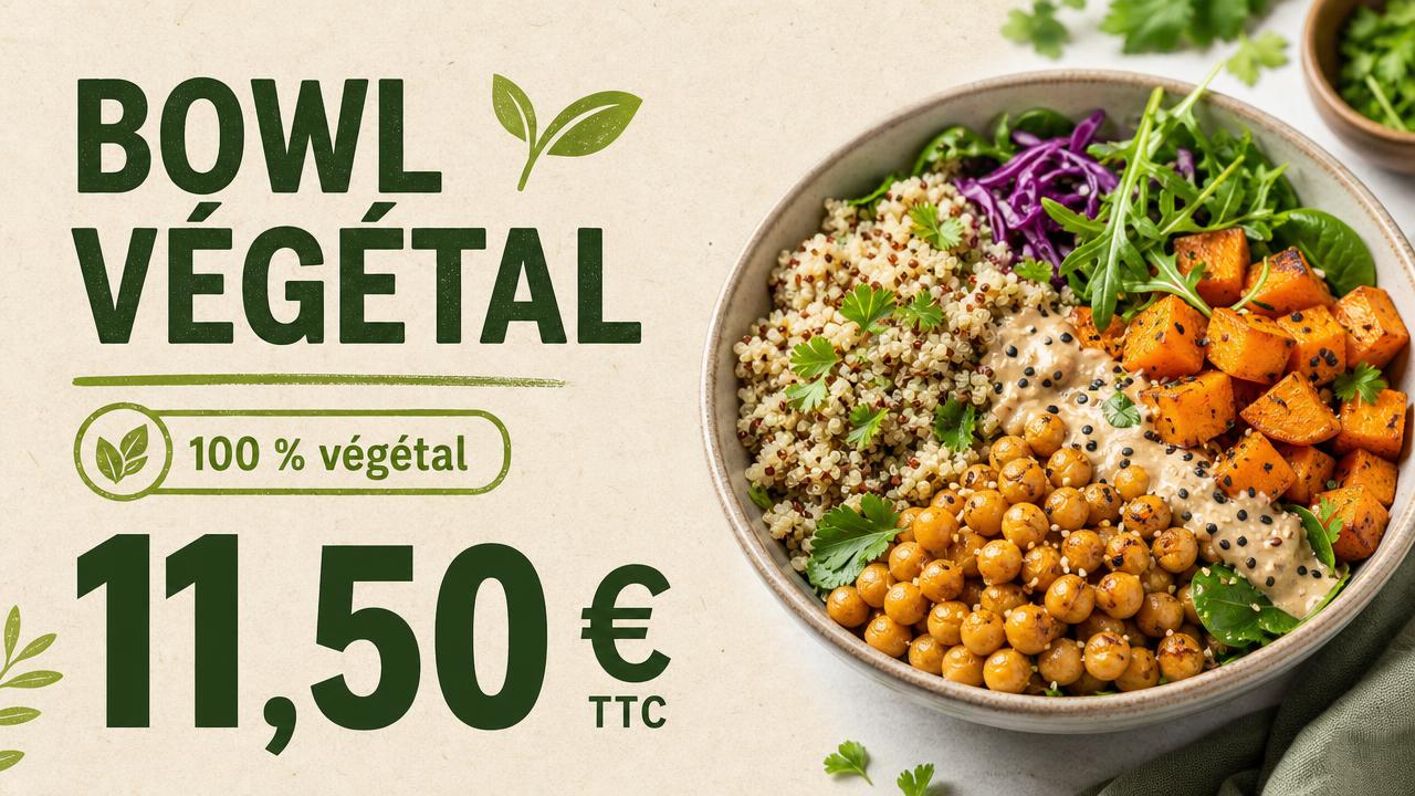 Exemple d'affiche pour écran : Vegan · bowl végétal à 11,50 €