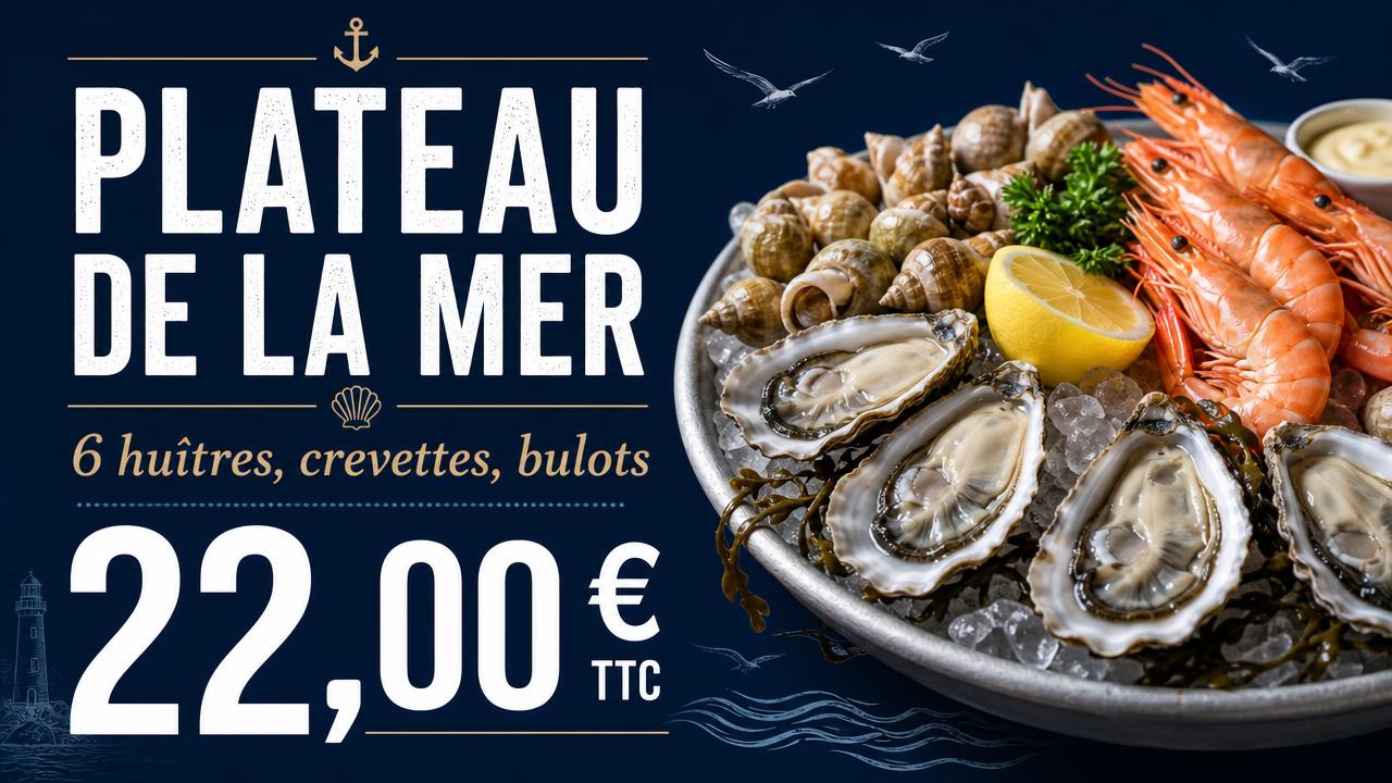 Exemple d'affiche pour écran : Fruits de mer · plateau à 22 €