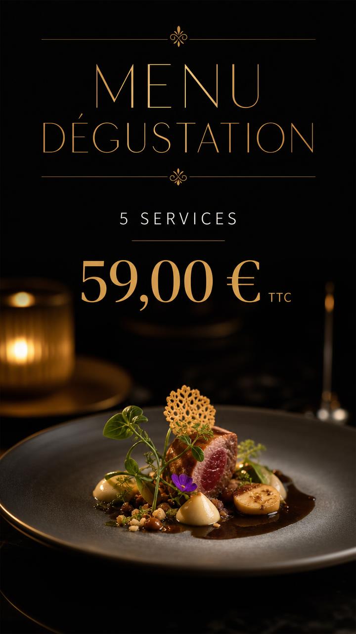 Exemple d'affiche pour écran : Gastronomique · menu dégustation 59 €