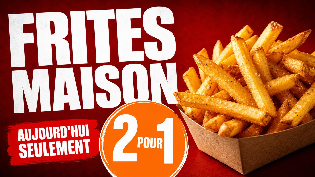 Exemple d'affiche pour écran : Frites maison · 2 pour 1