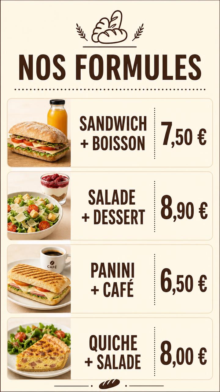 Exemple d'affiche pour écran : Boulangerie · nos formules
