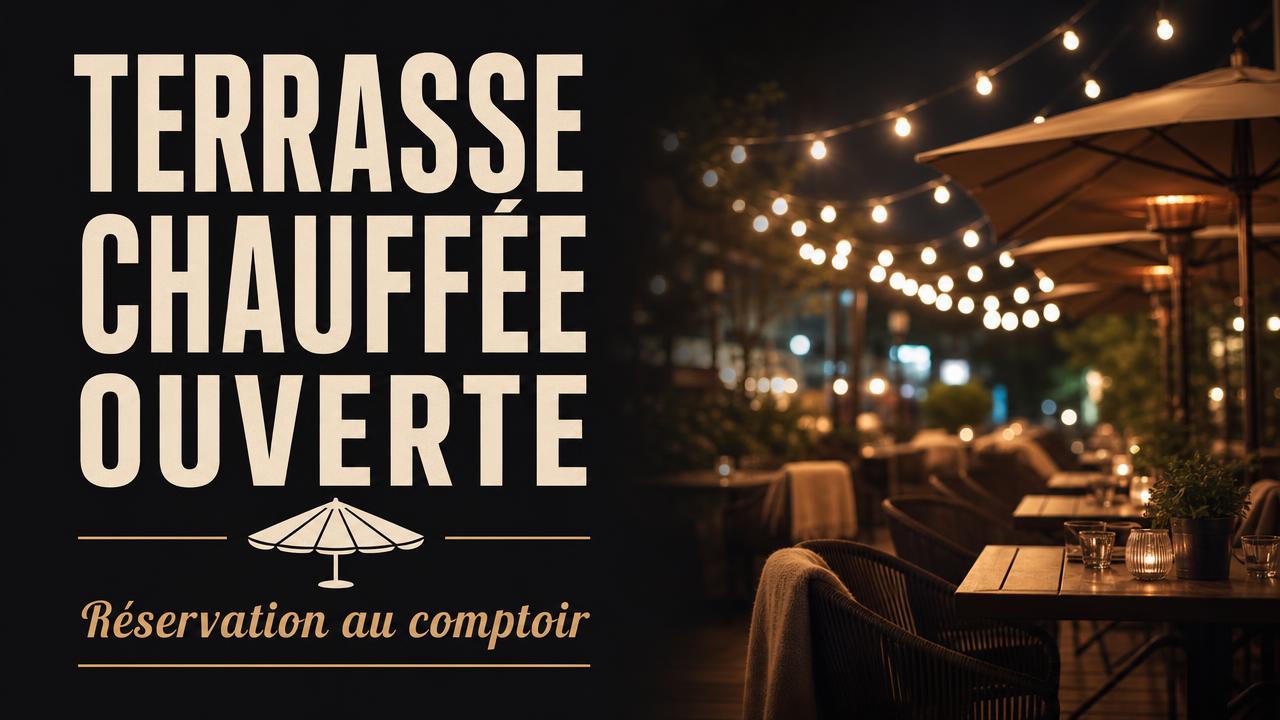 Exemple d'affiche pour écran : Info · terrasse chauffée ouverte