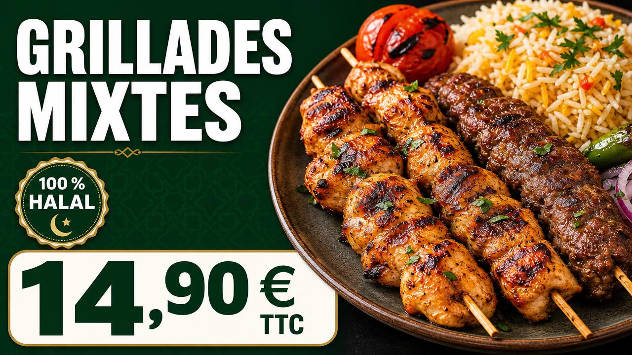 Exemple d'affiche pour écran : Halal · grillades mixtes à 14,90 €