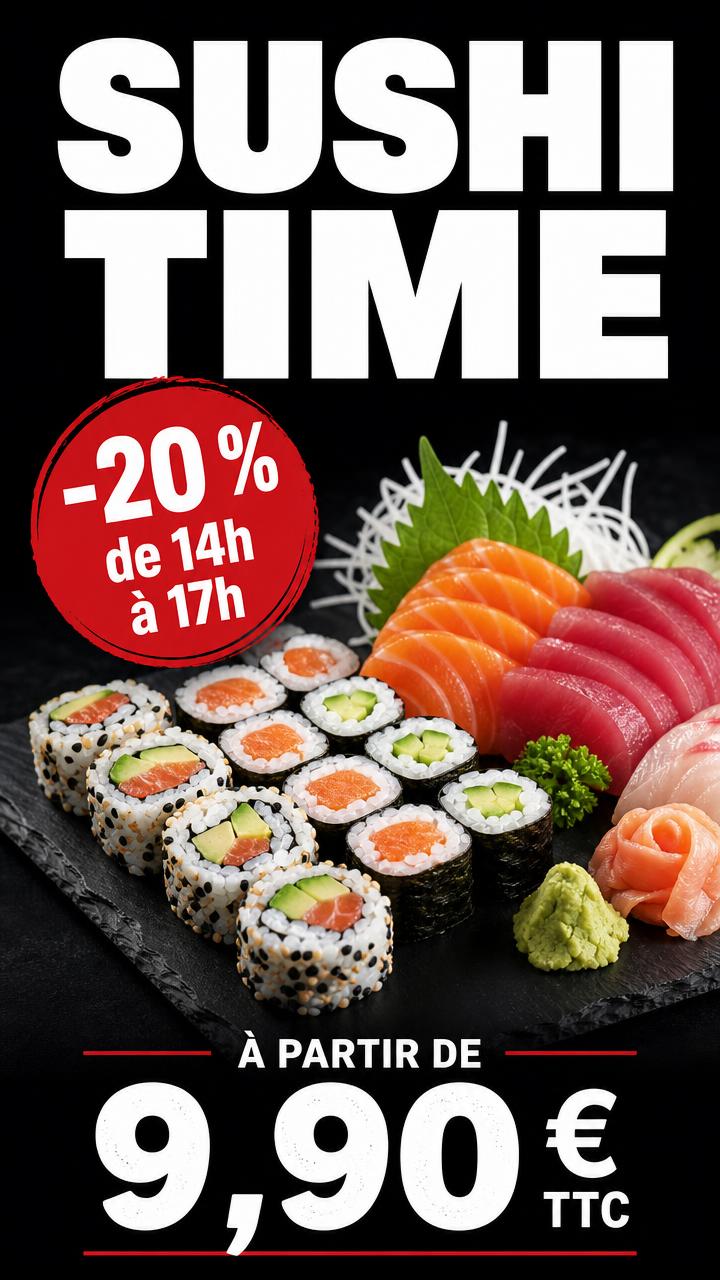 Exemple d'affiche pour écran : Sushis · -20 % de 14h à 17h