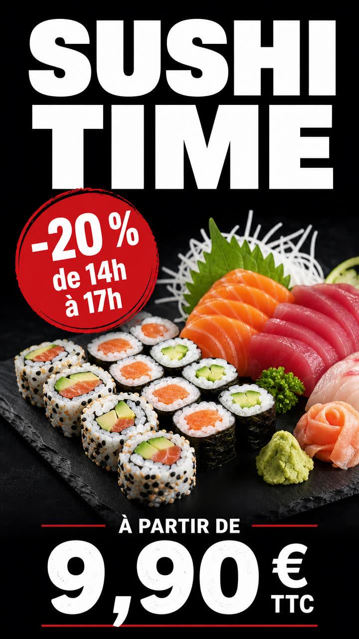 Exemple d'affiche pour écran : Sushis · -20 % de 14h à 17h