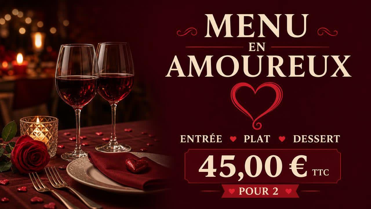 Exemple d'affiche pour écran : Saint-Valentin · menu à 45 € pour 2