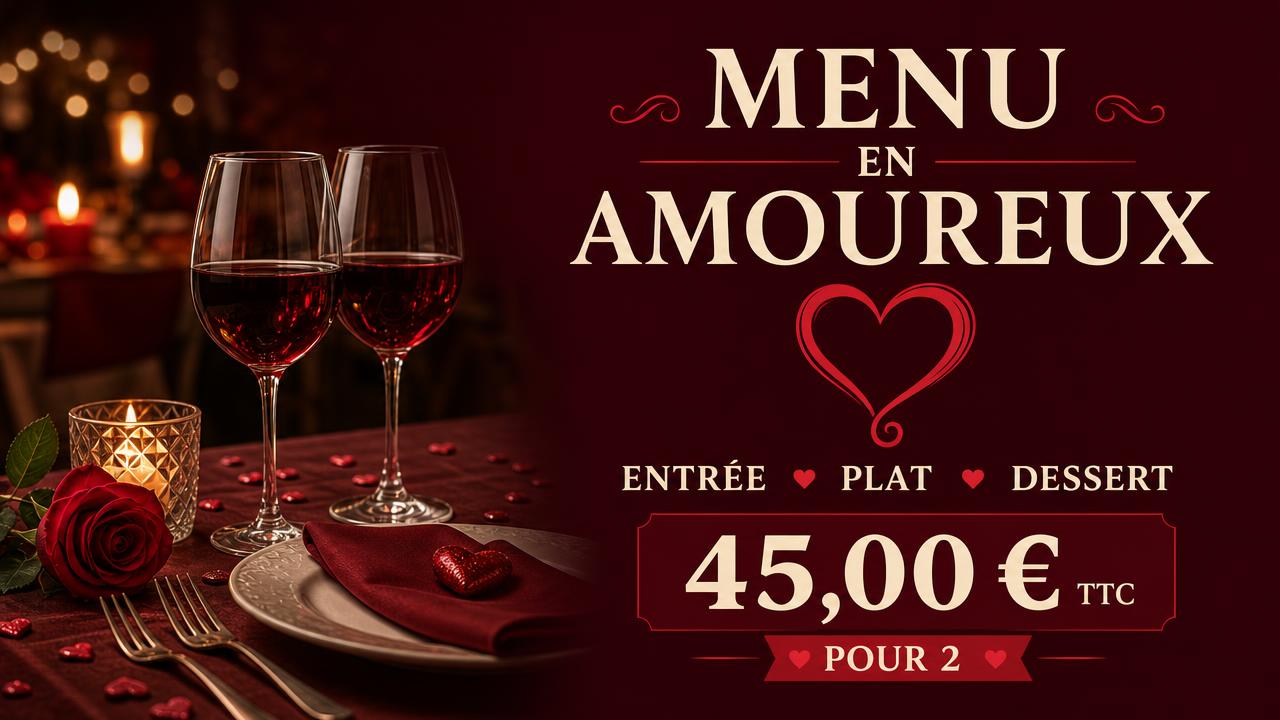 Exemple d'affiche pour écran : Saint-Valentin · menu à 45 € pour 2