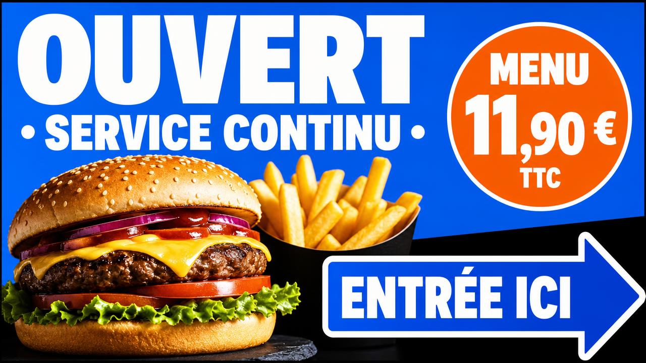 Exemple d'affiche pour écran : Extérieur · ouvert, service continu
