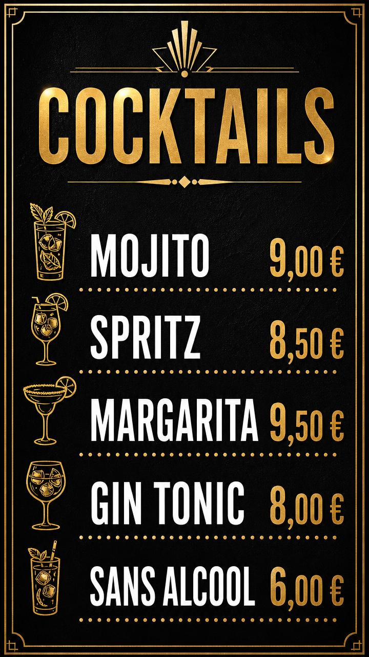 Exemple d'affiche pour écran : Bar · carte des cocktails