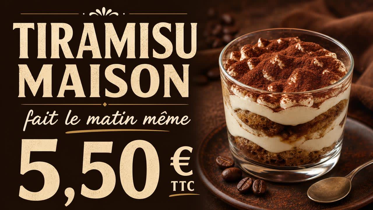 Exemple d'affiche pour écran : Dessert · tiramisu maison à 5,50 €