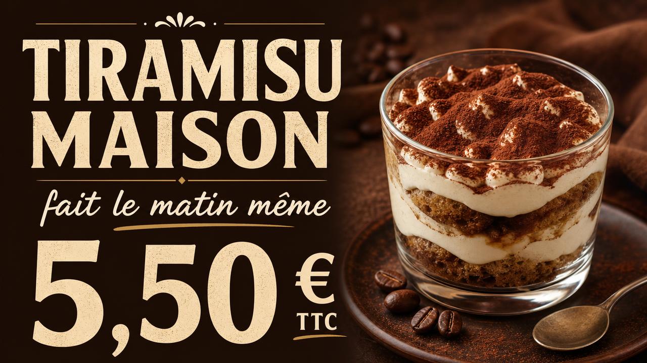 Exemple d'affiche pour écran : Dessert · tiramisu maison à 5,50 €