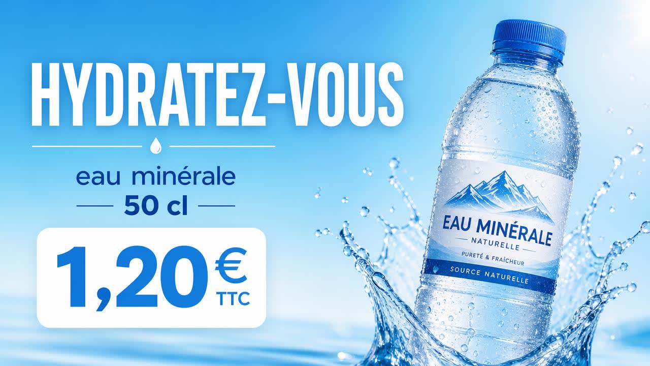 Exemple d'affiche pour écran : Annonceur eau minérale · 1,20 €