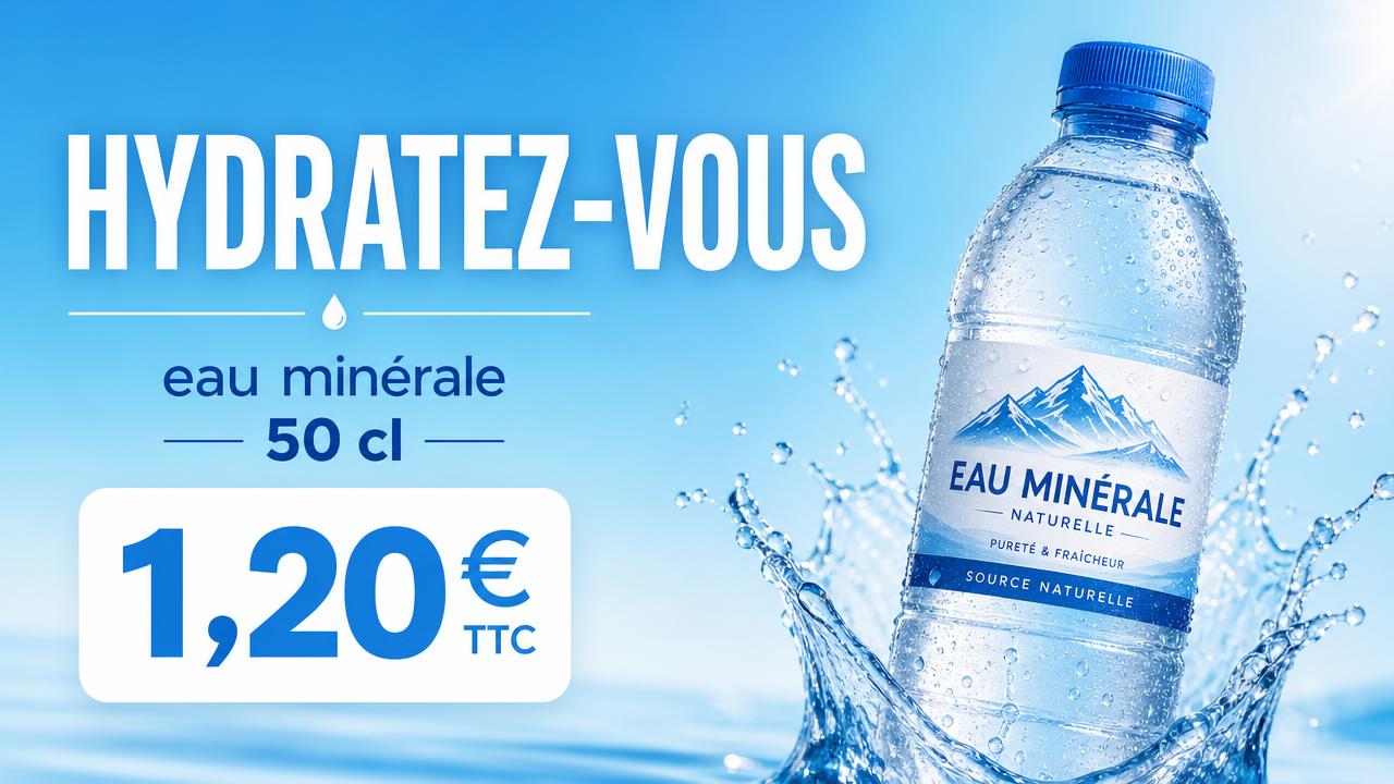 Exemple d'affiche pour écran : Annonceur eau minérale · 1,20 €