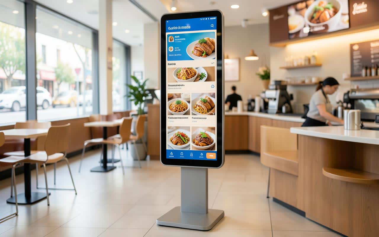 Borne de commande tactile verticale dans un restaurant lumineux