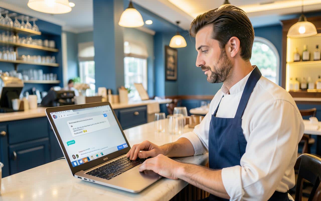 Restaurateur pilotant ses écrans depuis un assistant conversationnel sur un ordinateur