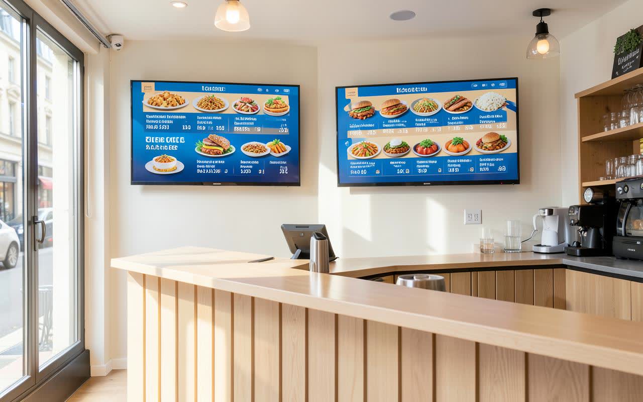 Deux téléviseurs affichant un menu numérique avec les prix dans un snack