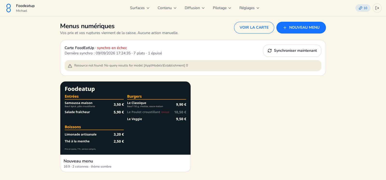 Capture de l'écran : Créer un menu numérique piloté par la caisse